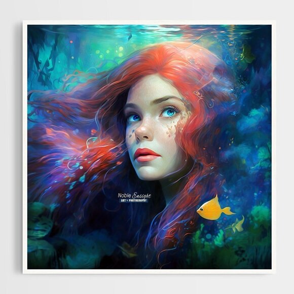 8x8 Princess Ariel Portrait Wall Art Fantasy‎ Watercolor Oil Painting Print - Picture 1 of 8